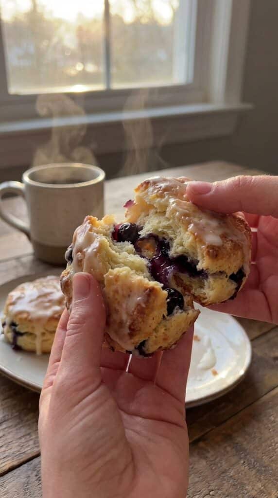 A close-up of hands pulling apart a warm blueberry biscuit, showing the flaky interior layers and juicy baked berries.