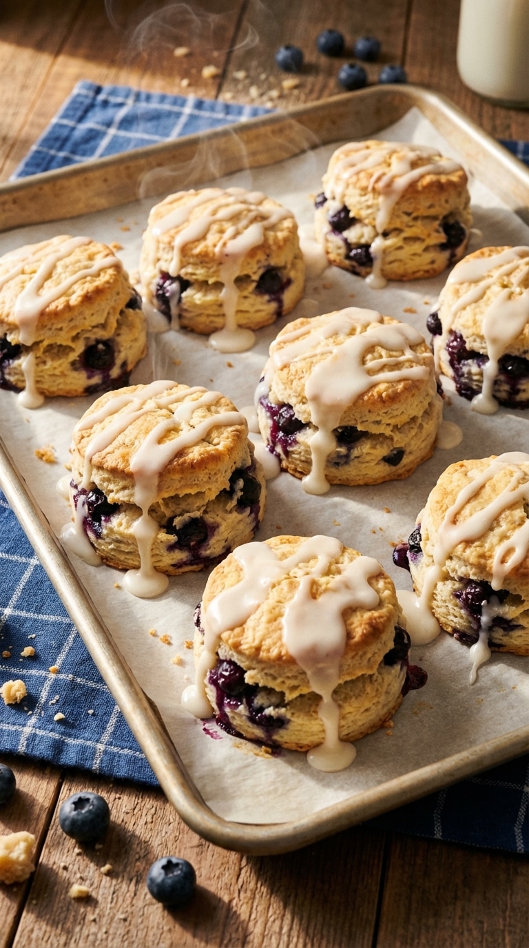 A flat lay showing fresh blueberries, buttermilk, cold butter cubes, flour, sugar, and a biscuit cutter on a marble board.
