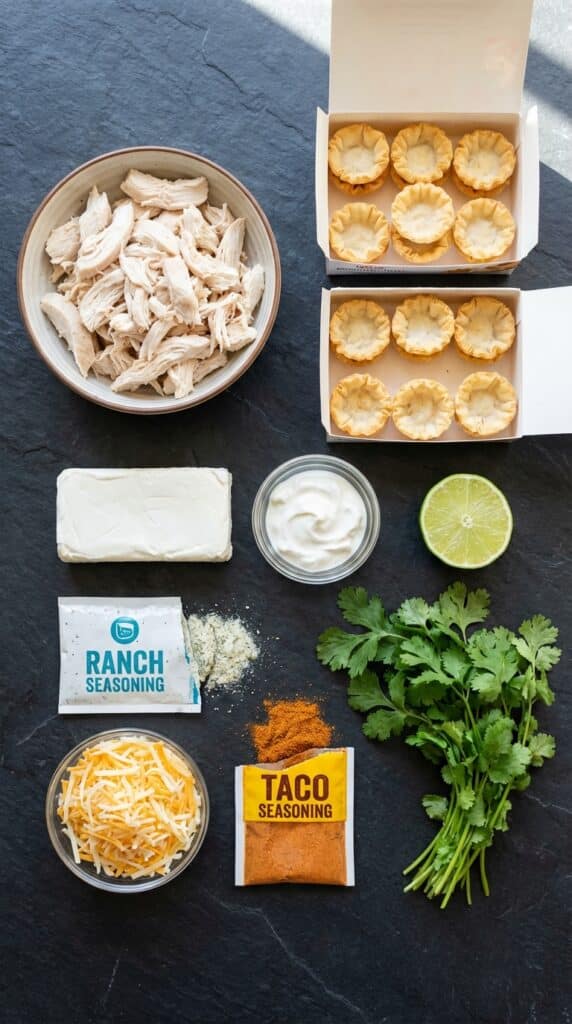 A flat lay showing shredded chicken, mini phyllo shells, cream cheese, sour cream, seasoning packets, shredded cheese, and cilantro on a dark board.
