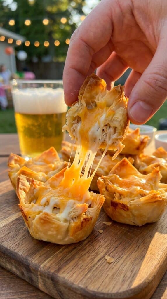 A close-up of a hand picking up a crispy chicken taco bite, creating a long, gooey cheese stretch from the serving board.