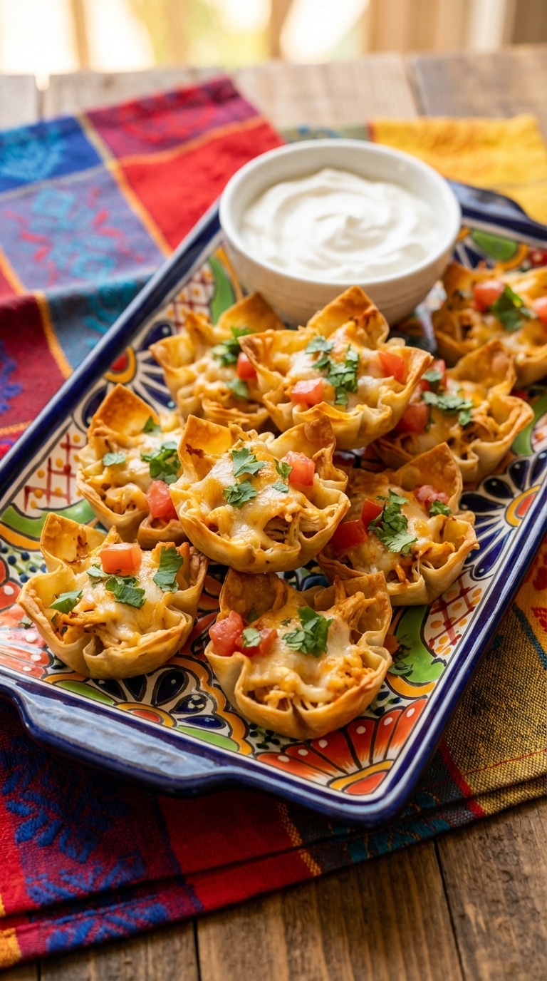 A decorative platter filled with crispy pastry cups stuffed with melted cheese, chicken, and taco seasonings, topped with fresh cilantro and tomatoes.