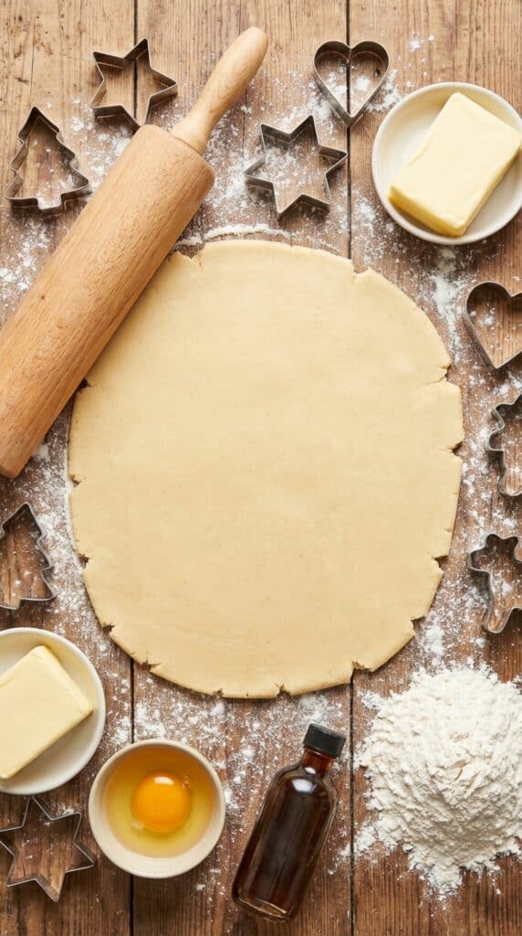 A flat lay showing raw cookie dough, a rolling pin, metal cookie cutters, butter, eggs, flour, and vanilla extract on a floured wooden board.
