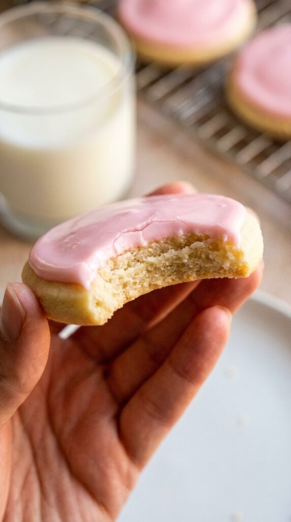 A close-up of a hand holding a pink frosted sugar cookie with a bite taken out, showing the soft, dense crumb inside.