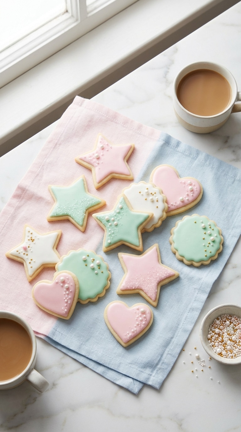 A top-down view of beautifully iced sugar cookies in star and heart shapes with pastel royal icing on a marble surface.
