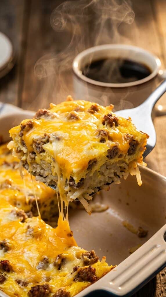 A close-up of a spatula lifting a hearty square slice of breakfast casserole, showing layers of hash browns, sausage, eggs, and stringy melted cheese.
