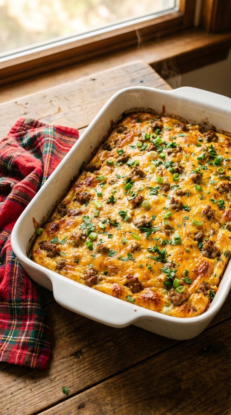 A 9x13 ceramic baking dish filled with a baked breakfast casserole topped with golden melted cheese, sausage, and fresh green onions.