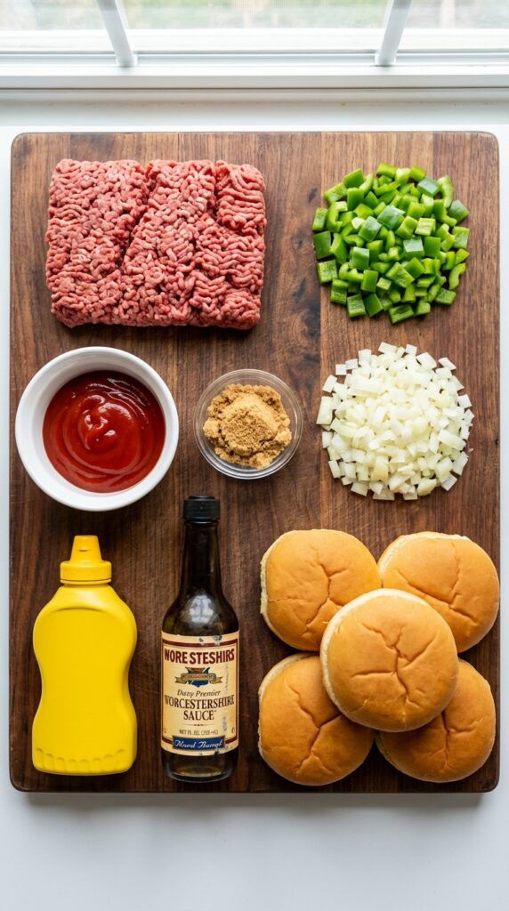 A flat lay showing raw ground beef, diced green pepper, onion, ketchup, brown sugar, mustard, and hamburger buns on a wooden board.