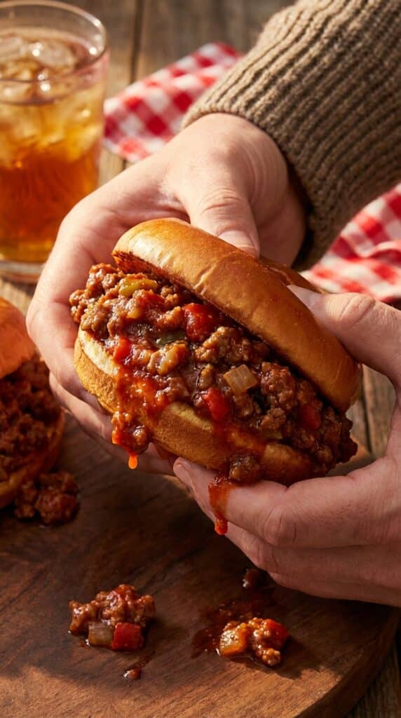 A close-up of two hands holding a messy sloppy joe sandwich, with the savory meat sauce dripping down the sides.