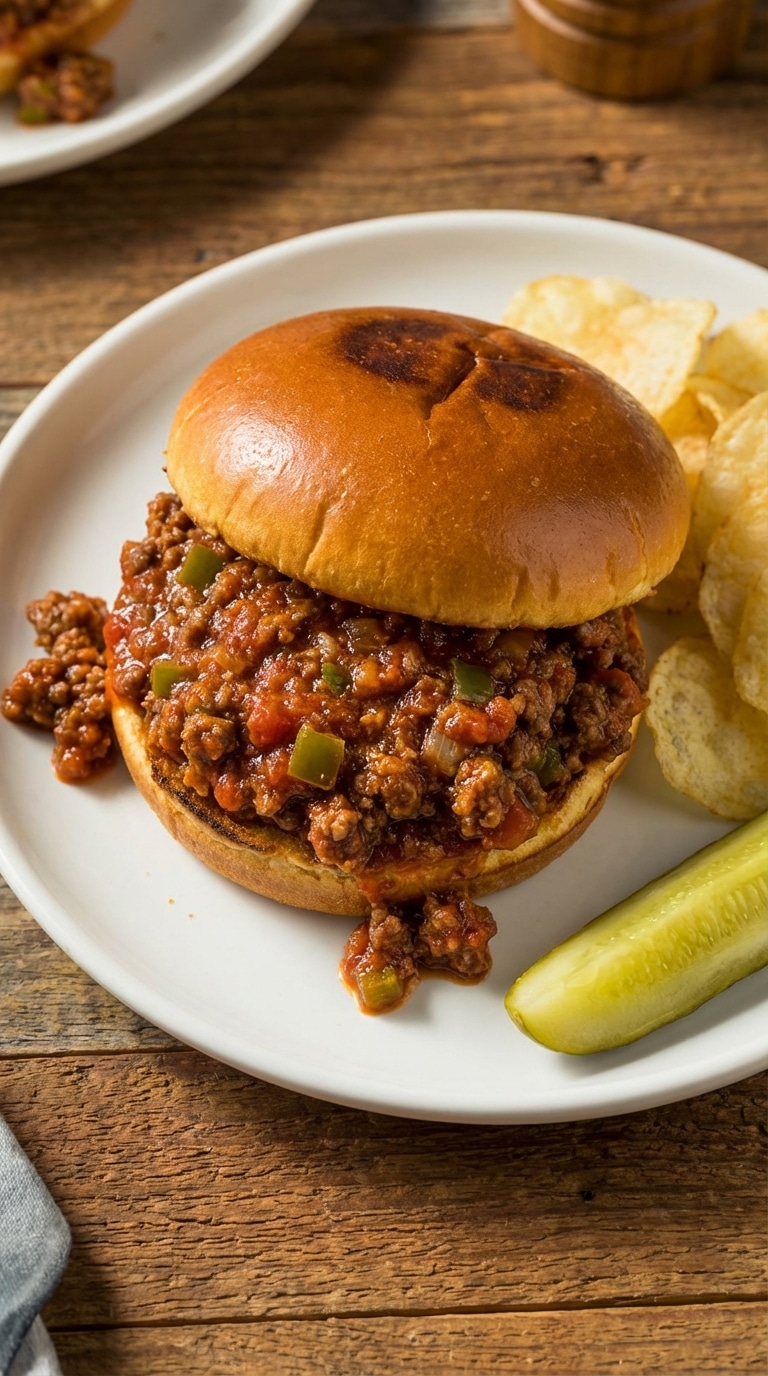 A sloppy joe sandwich overflowing with a rich, red meat sauce on a toasted bun, served on a plate with potato chips and a pickle.