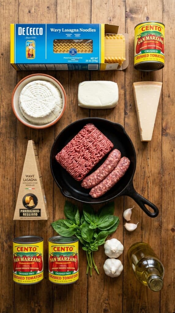 A flat lay showing dry lasagna noodles, ricotta, mozzarella, parmesan, ground meat, canned tomatoes, garlic, and fresh basil on a wooden board.
