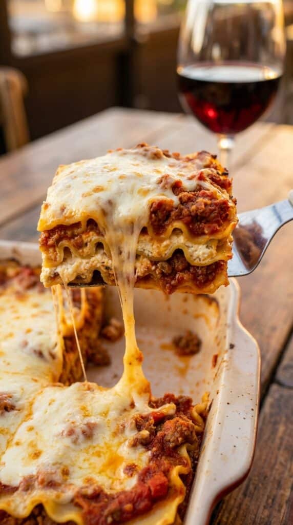 A close-up of a spatula lifting a thick, beautifully layered square of lasagna out of a pan, creating a massive stringy cheese pull.