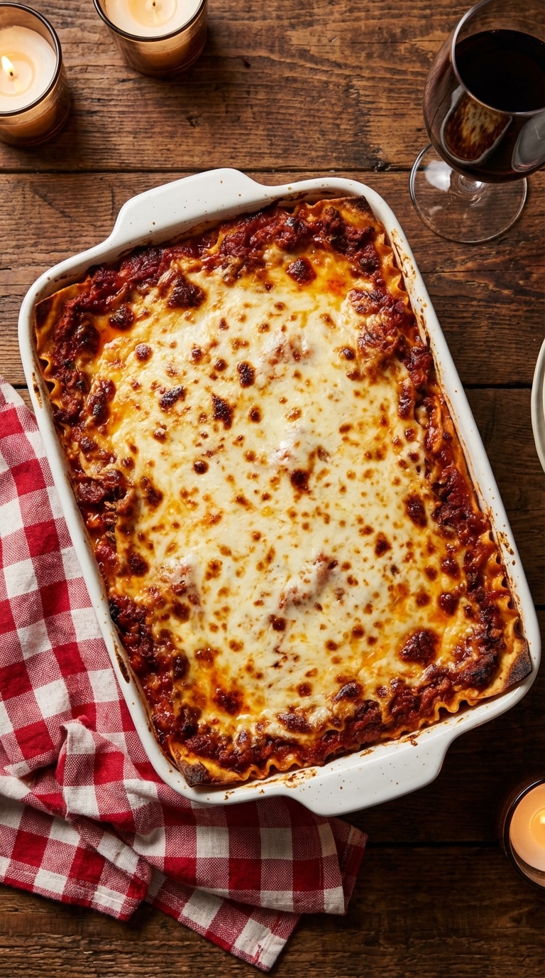 A 9x13 baking dish filled with freshly baked lasagna, featuring golden-brown bubbling cheese and rich tomato sauce around the edges.