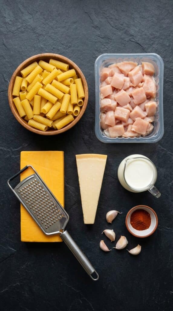 A flat lay showing dry pasta, raw chicken, blocks of cheddar and parmesan cheese, heavy cream, garlic, and spices on a dark slate board.