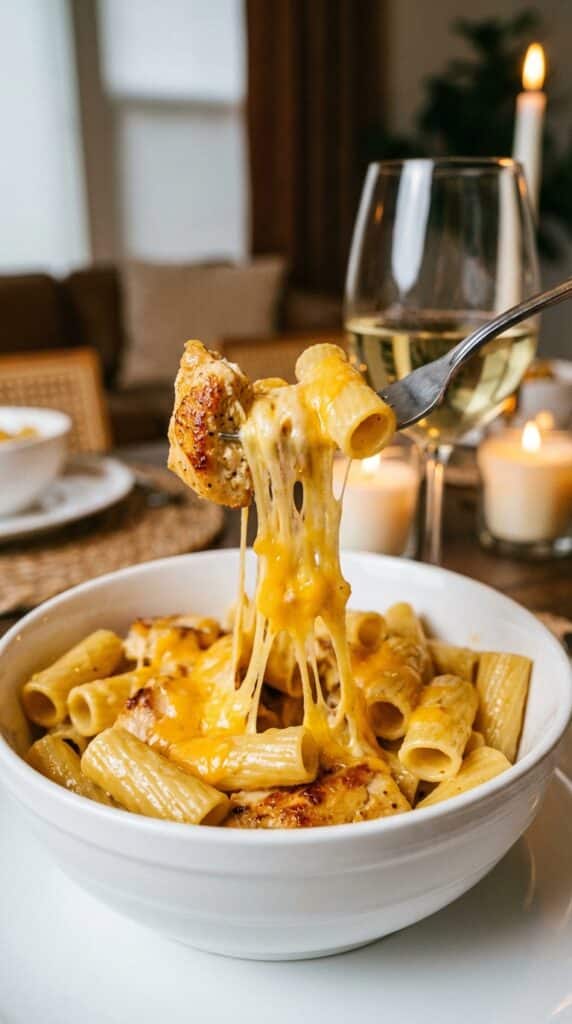 A close-up of a fork lifting a piece of chicken and pasta from a bowl, creating a thick, gooey stretch of melted cheddar cheese.