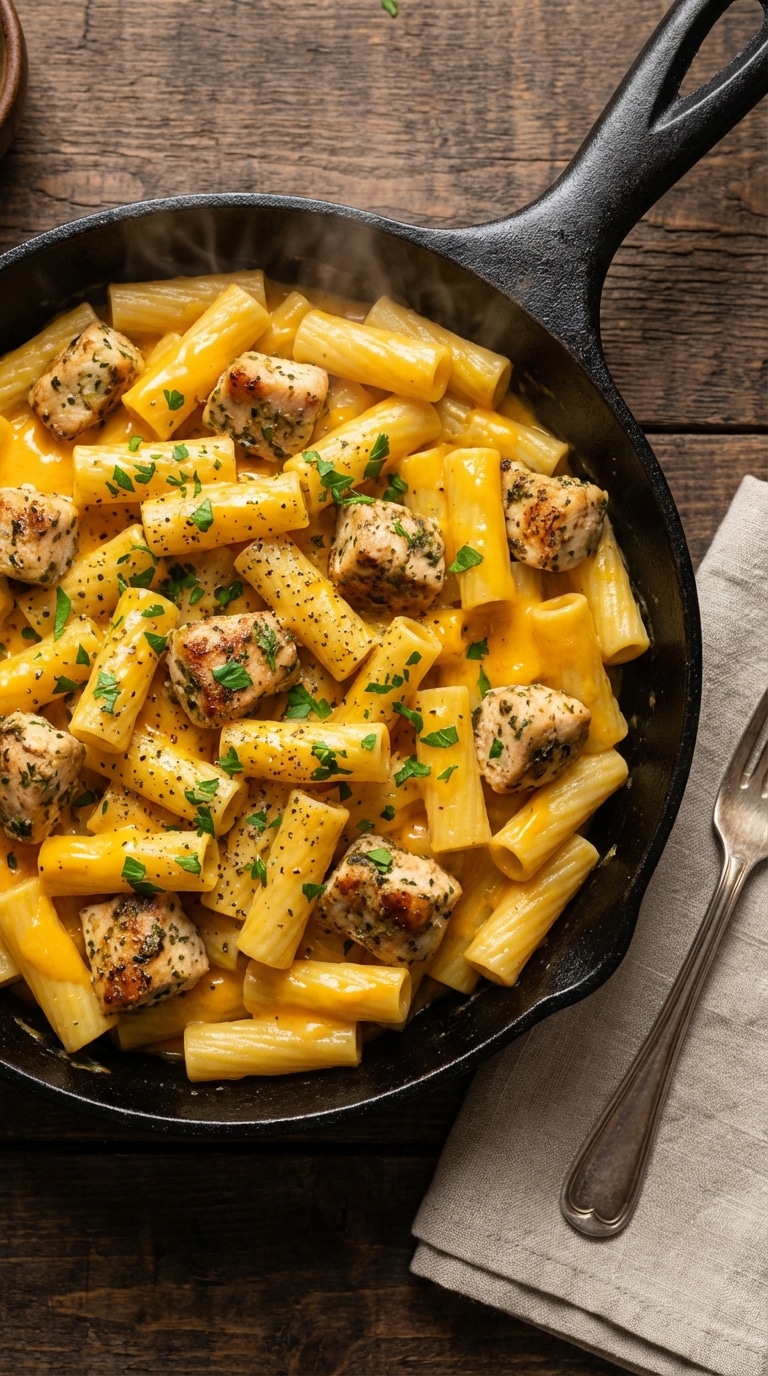 A top-down view of a cast iron skillet filled with rigatoni pasta and chicken chunks coated in a rich, glossy cheddar cheese sauce.