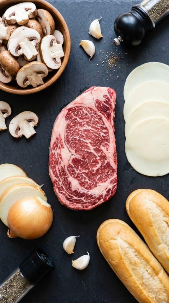 A flat lay showing a raw ribeye steak, sliced mushrooms, onions, provolone cheese slices, and hoagie rolls on a dark slate board.