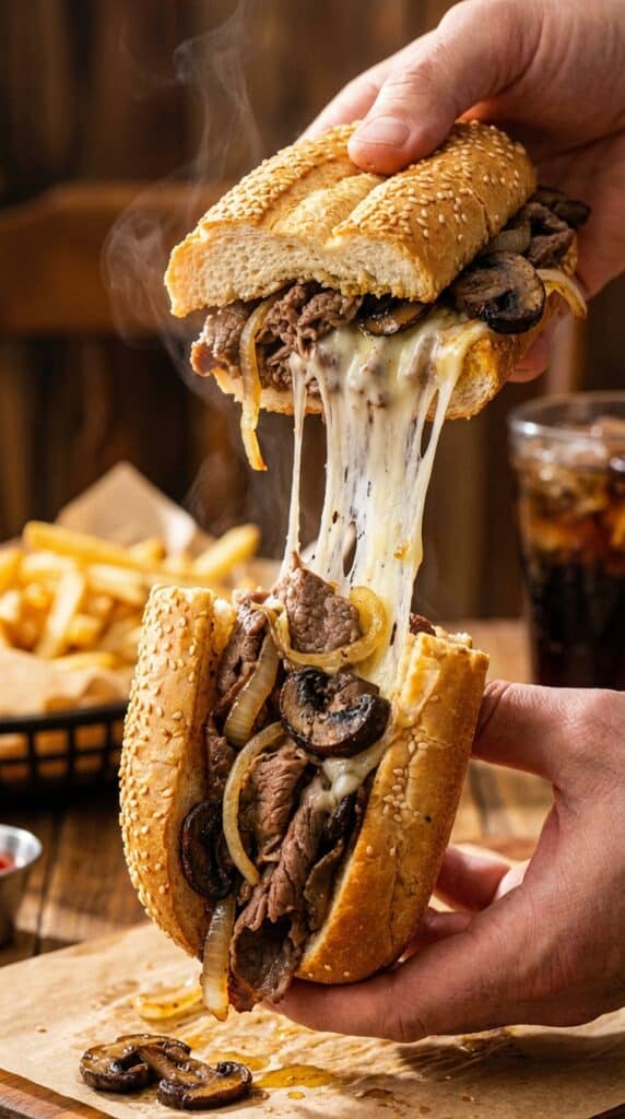 Two hands pulling apart a loaded steak and mushroom sandwich, revealing a massive, gooey cheese stretch, with fries in the background.