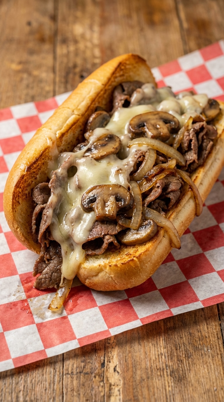 A close-up of a toasted hoagie roll overflowing with shaved steak, sautéed mushrooms, onions, and gooey melted provolone cheese.