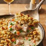 A close-up of a serving spoon scooping out a portion of creamy turkey pot pie, showing the crispy stuffing crust and steaming filling.