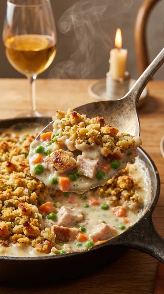 A close-up of a serving spoon scooping out a portion of creamy turkey pot pie, showing the crispy stuffing crust and steaming filling.
