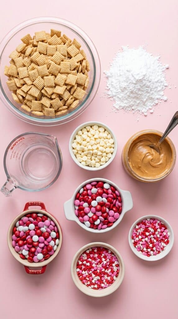 A flat lay showing Chex cereal, powdered sugar, white chocolate chips, peanut butter, M&Ms, and heart sprinkles on a pink background.