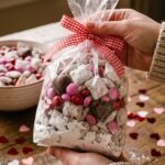 Hands holding a clear gift bag tied with a red ribbon, filled with powdered sugar puppy chow and pink M&Ms.