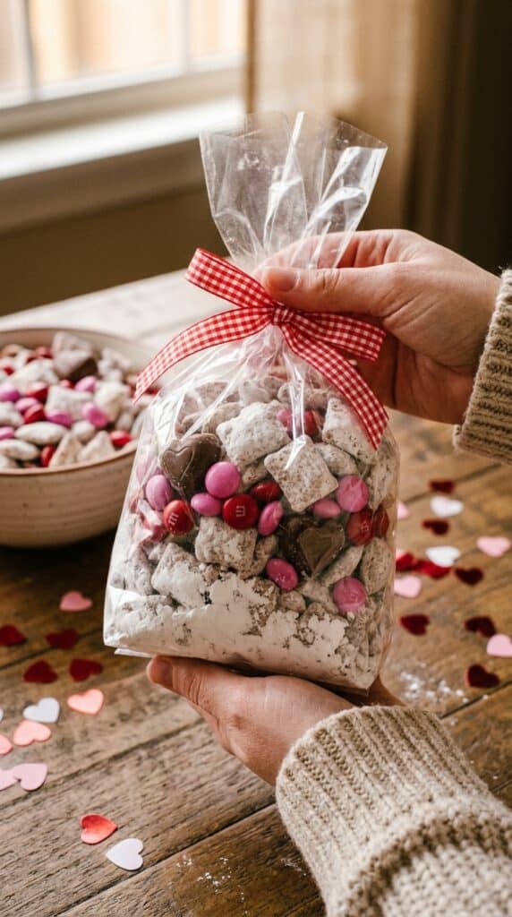 Hands holding a clear gift bag tied with a red ribbon, filled with powdered sugar puppy chow and pink M&Ms.