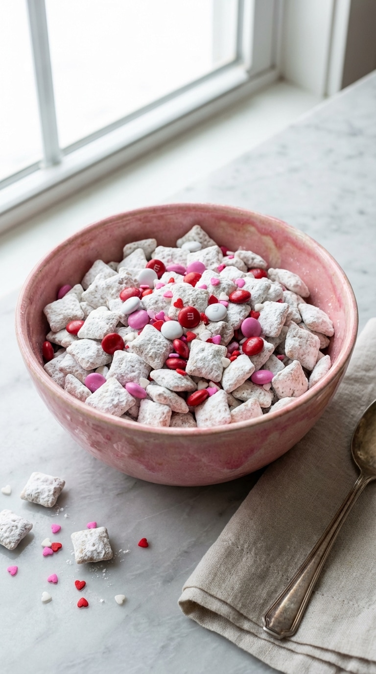 A pink ceramic bowl overflowing with powdered sugar-coated Chex cereal, pink and red M&Ms, and heart sprinkles on a marble counter.