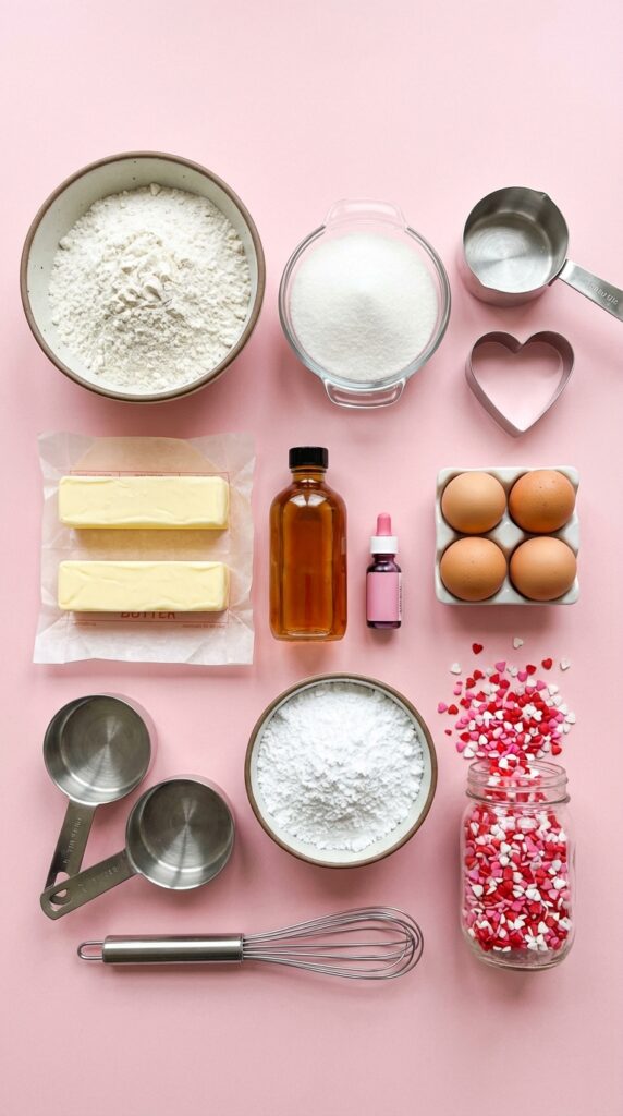 A flat lay showing flour, sugar, butter, eggs, vanilla, powdered sugar, pink food coloring, and heart sprinkles on a pastel pink background.