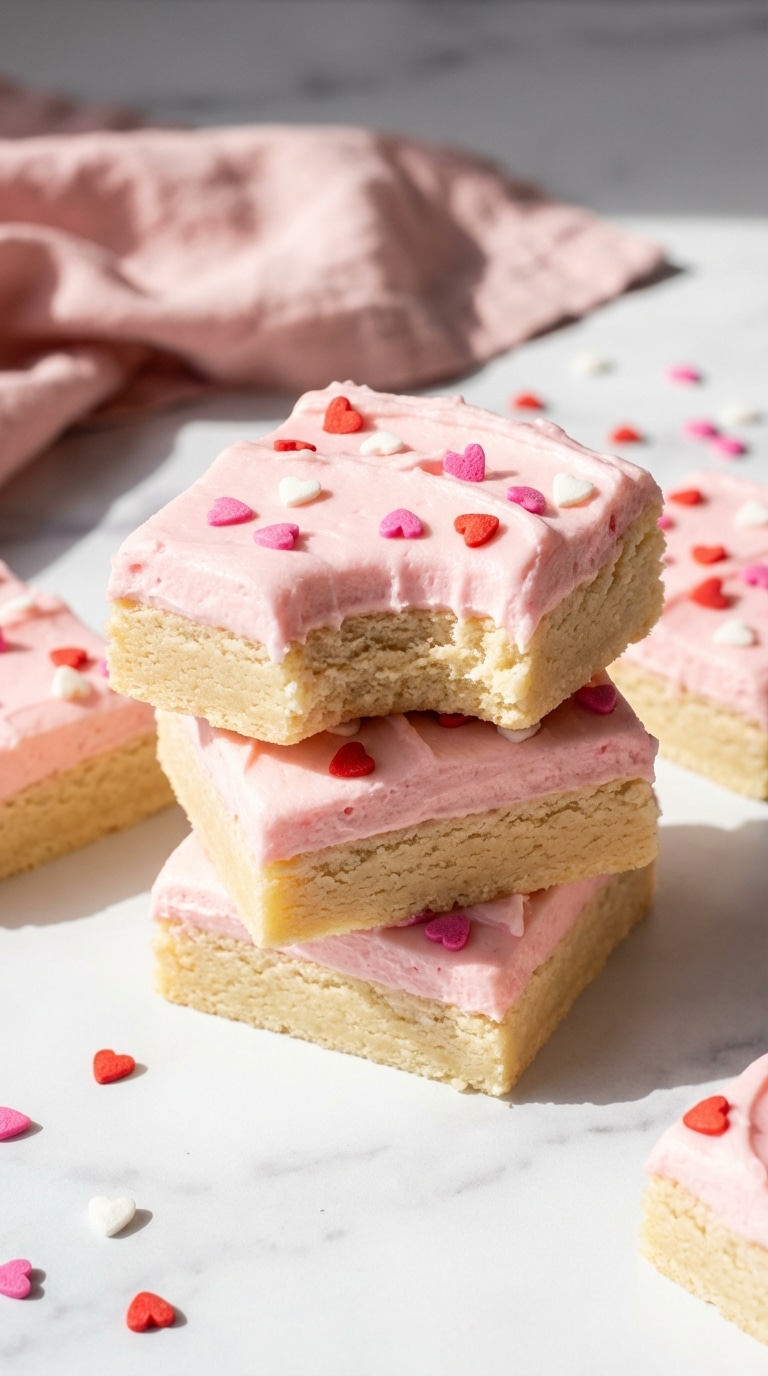 A stack of soft sugar cookie bars topped with thick pink buttercream frosting and red, pink, and white heart sprinkles on a marble counter.
