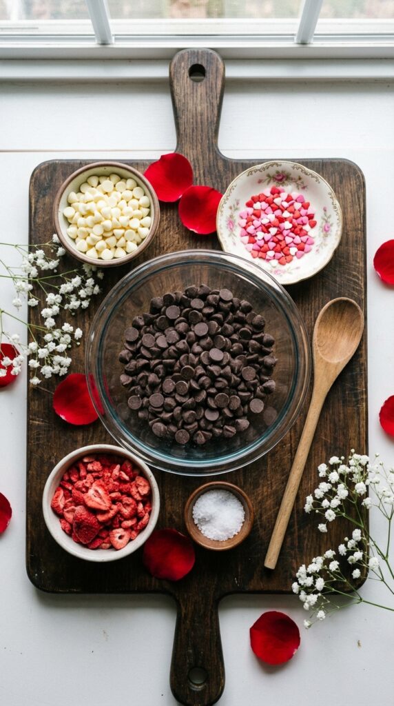 A flat lay showing bowls of dark chocolate chips, white chocolate chips, heart sprinkles, and freeze-dried strawberries on a wooden board.
