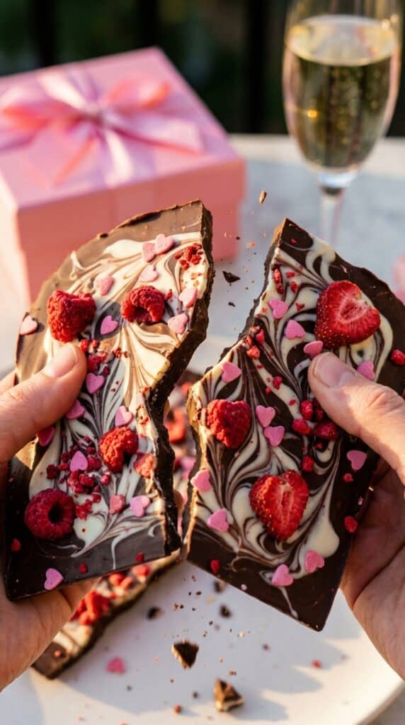 A close-up of two hands breaking a piece of decorated chocolate bark in half, with a pink gift box and champagne in the background.