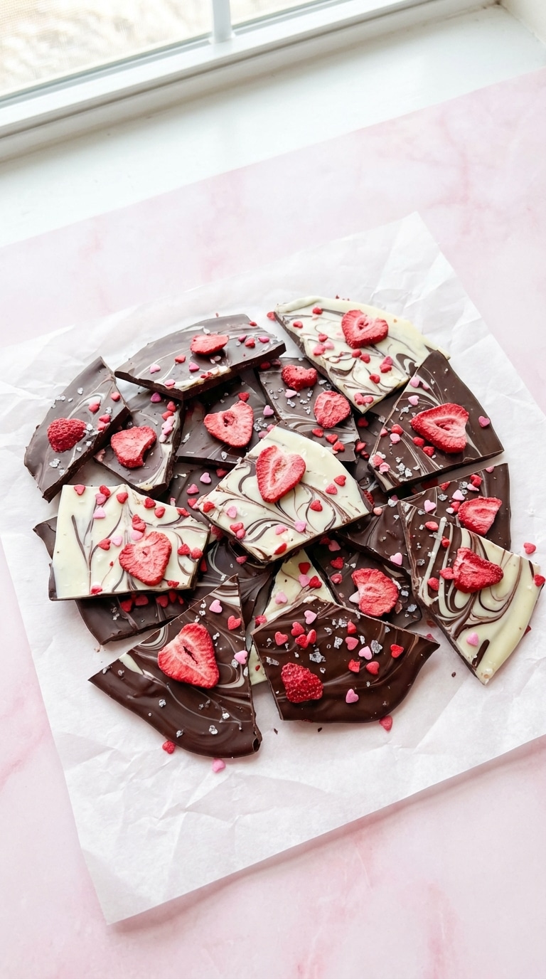 A pile of broken dark and white swirled chocolate bark topped with pink heart sprinkles and freeze-dried strawberries on parchment paper.
