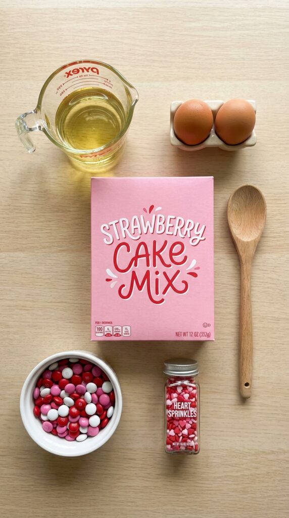 A flat lay showing a box of strawberry cake mix, eggs, oil, Valentine's M&Ms, and heart sprinkles on a wooden board.
