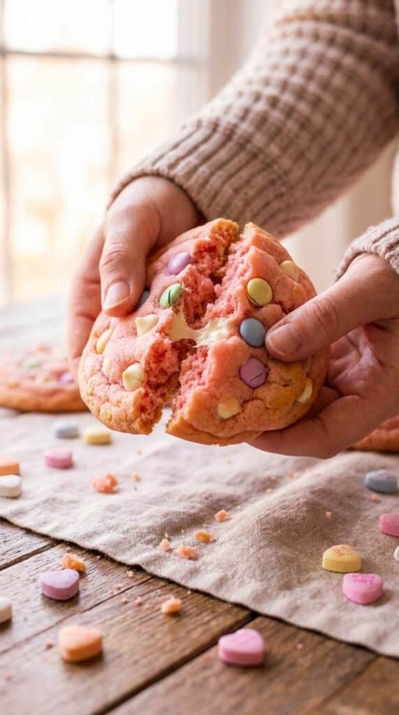 A close-up of hands breaking a soft, pink Valentine's cookie in half, showing the pillowy, cake-like center and chocolate chips.