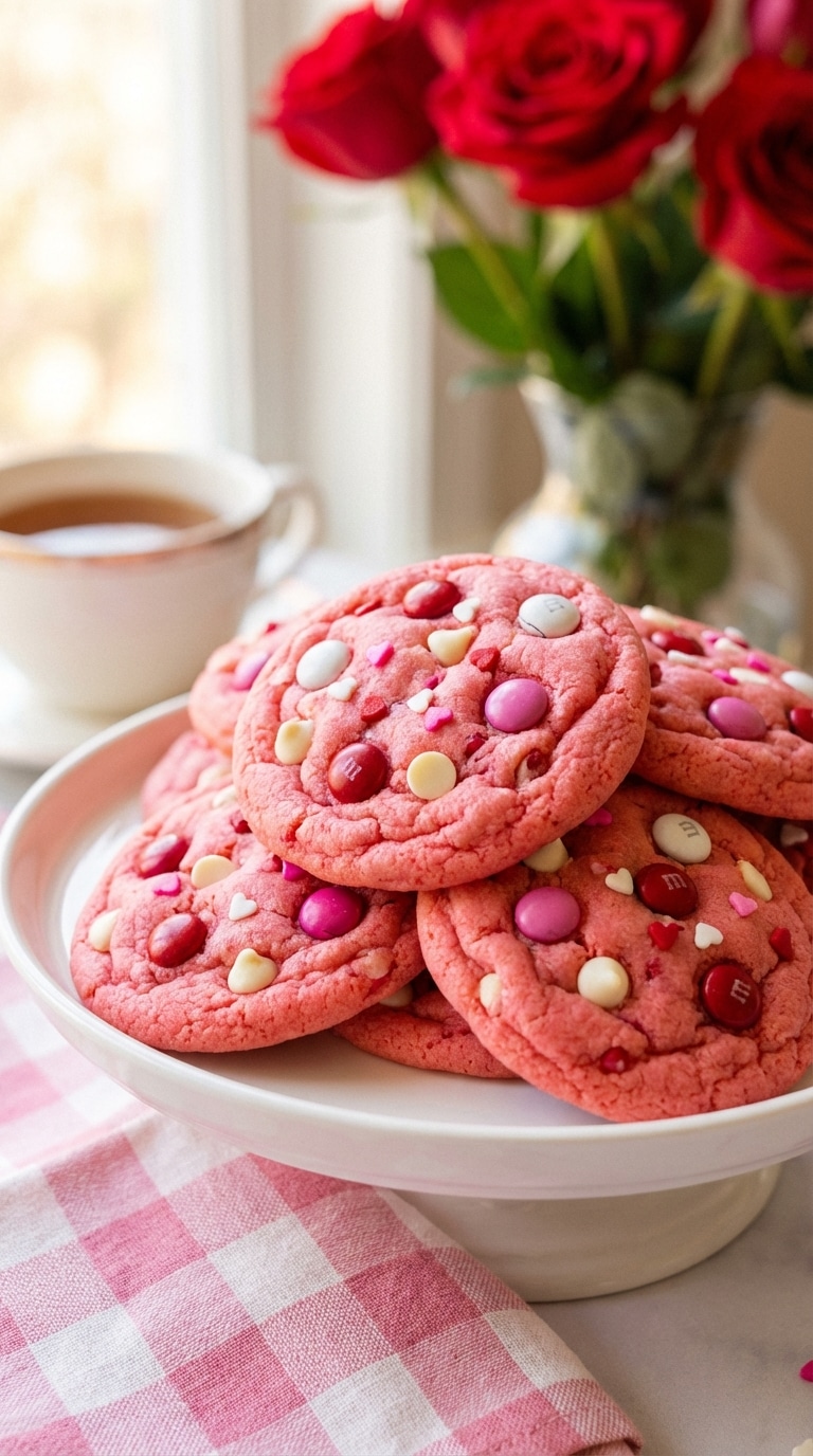 A stack of thick, pink strawberry cookies loaded with Valentine's M&Ms, white chocolate chips, and heart sprinkles on a white plate.