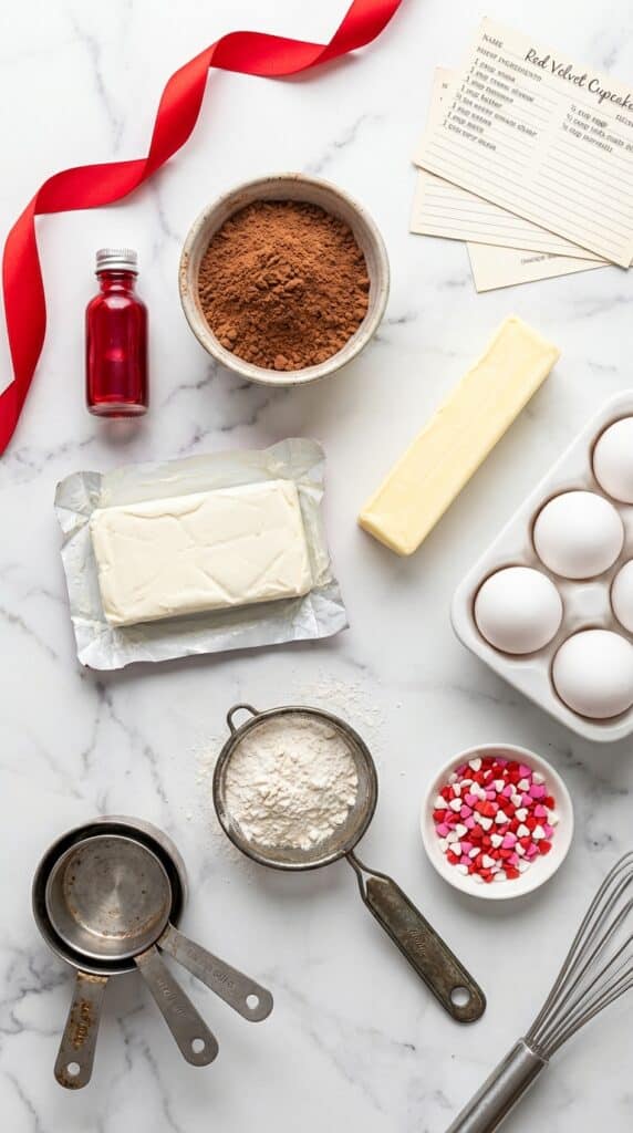 A flat lay showing red food coloring, cocoa powder, cream cheese, butter, eggs, flour, and heart sprinkles on a marble board.