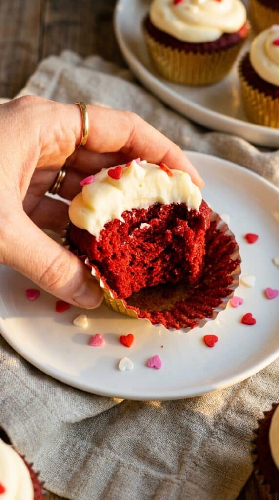 A close-up of a half-eaten red velvet cupcake with the wrapper being peeled back, showing the bright red, moist interior.