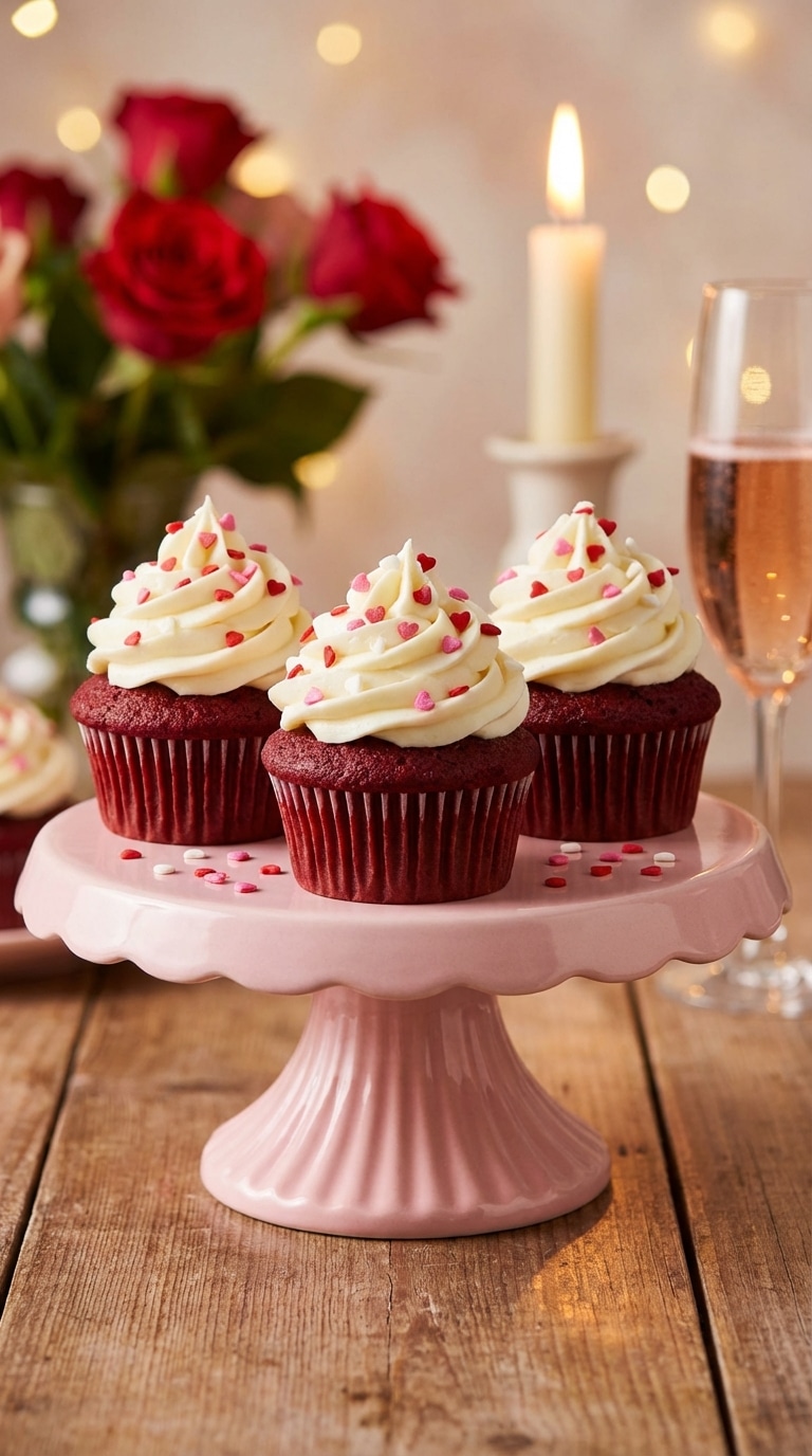 Three red velvet cupcakes with tall white frosting swirls and heart sprinkles on a pink cake stand with roses in the background.