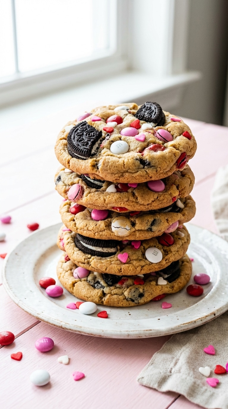 A stack of thick, chewy cookies loaded with crushed Oreos and pink, red, and white M&Ms on a white plate.