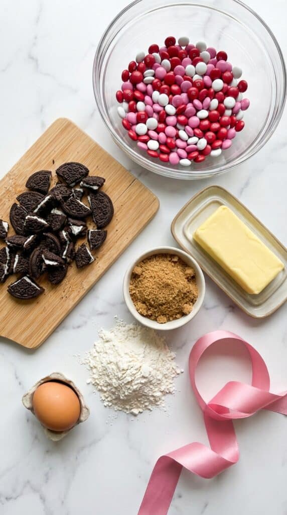 A flat lay showing red, pink, and white M&Ms, chopped Oreos, butter, sugar, egg, and flour on a white marble board.