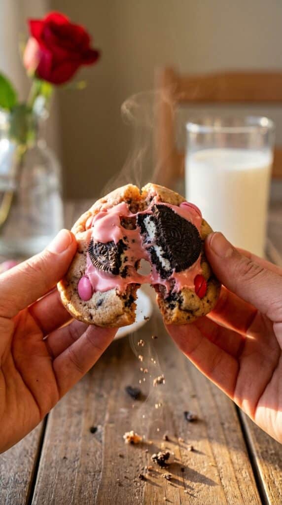 Two hands breaking a warm, soft cookie in half, revealing melted pink M&Ms and Oreo chunks inside.