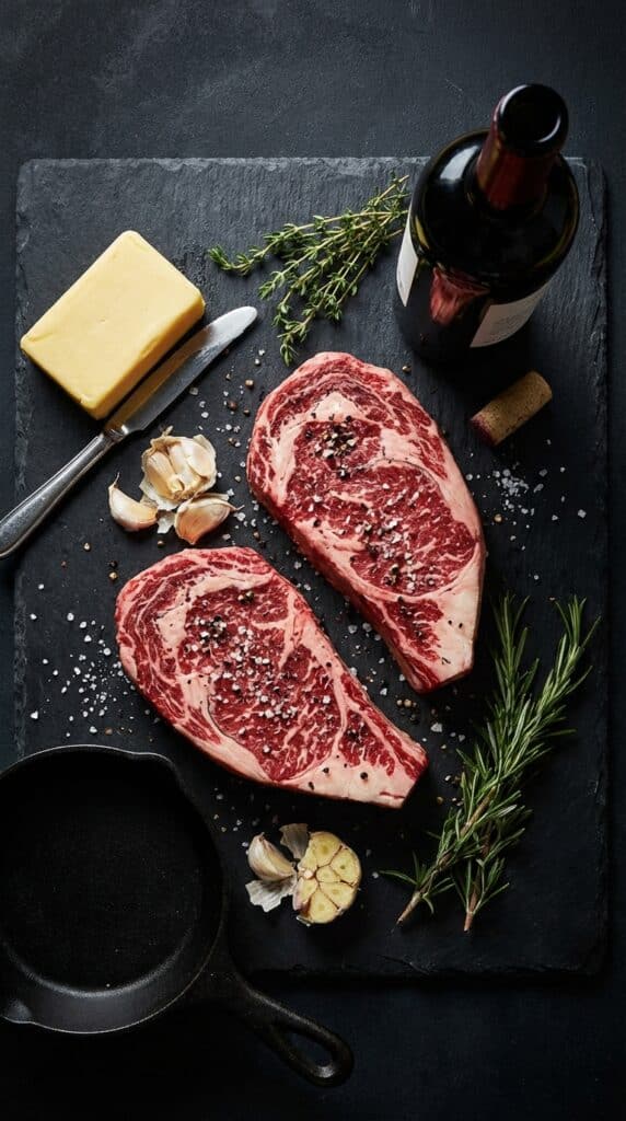 A flat lay showing two raw, seasoned rib eye steaks, butter, fresh rosemary, thyme, garlic, a cast-iron skillet, and red wine on a dark slate board.