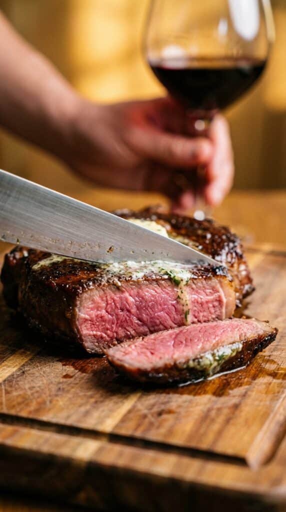 A close-up of a knife slicing a thick rib eye steak, revealing a juicy, pink medium-rare center with a dark, buttery crust.