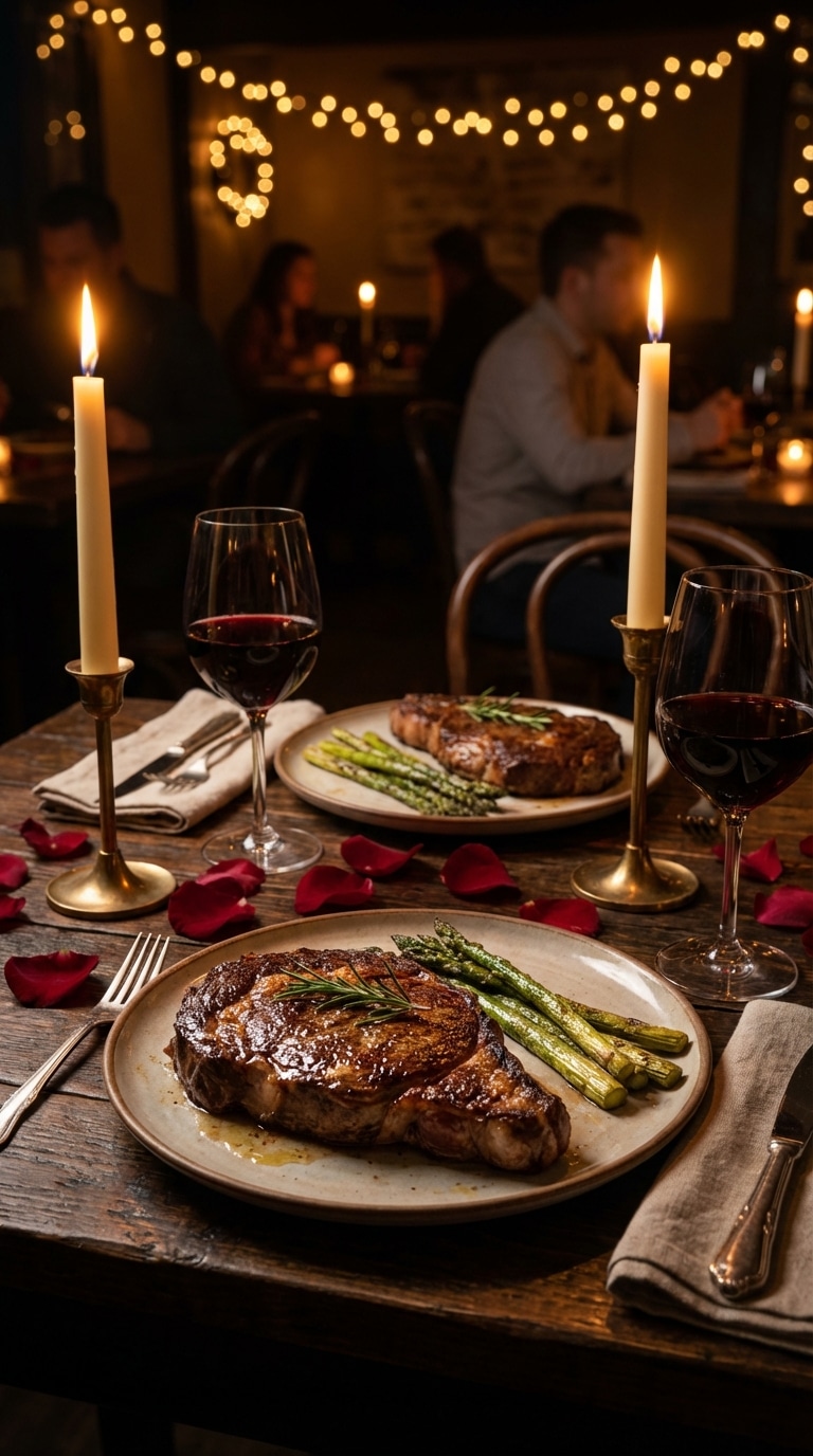A romantic candlelit dinner table set for two with plates of seared rib eye steaks, asparagus, red wine, and rose petals.