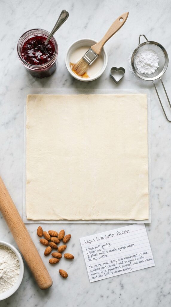 A flat lay showing puff pastry dough, a jar of red jam, a bowl of plant milk glaze, a heart cookie cutter, and powdered sugar on a marble board.