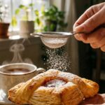 A close-up of a hand holding a golden, envelope-shaped puff pastry while sifting powdered sugar on top, with a teacup in the blurred background.