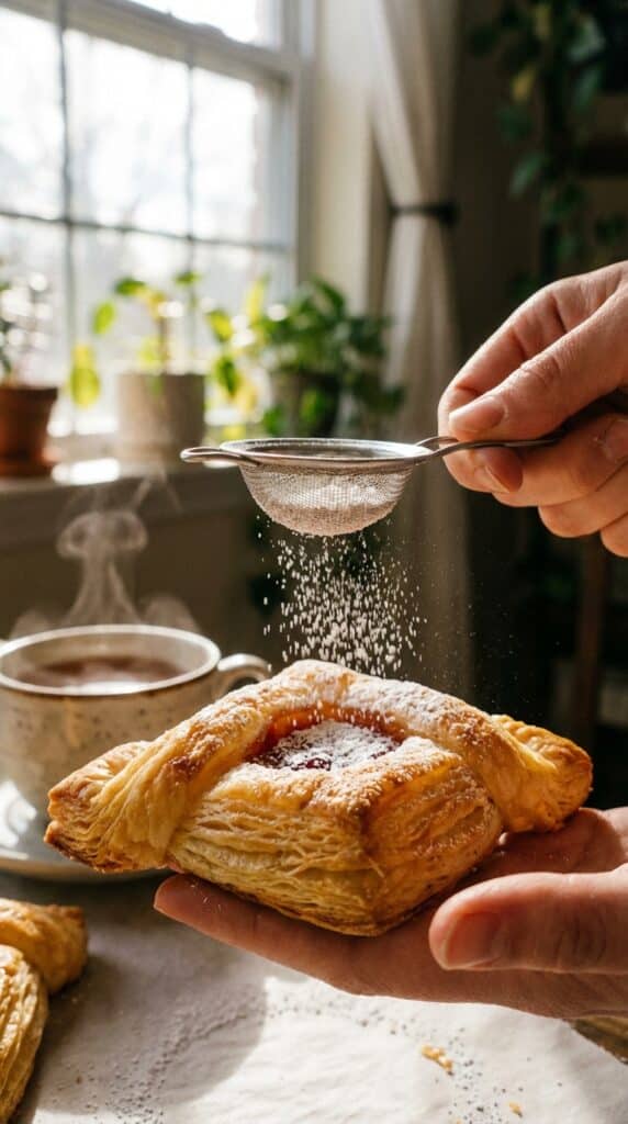 A close-up of a hand holding a golden, envelope-shaped puff pastry while sifting powdered sugar on top, with a teacup in the blurred background.