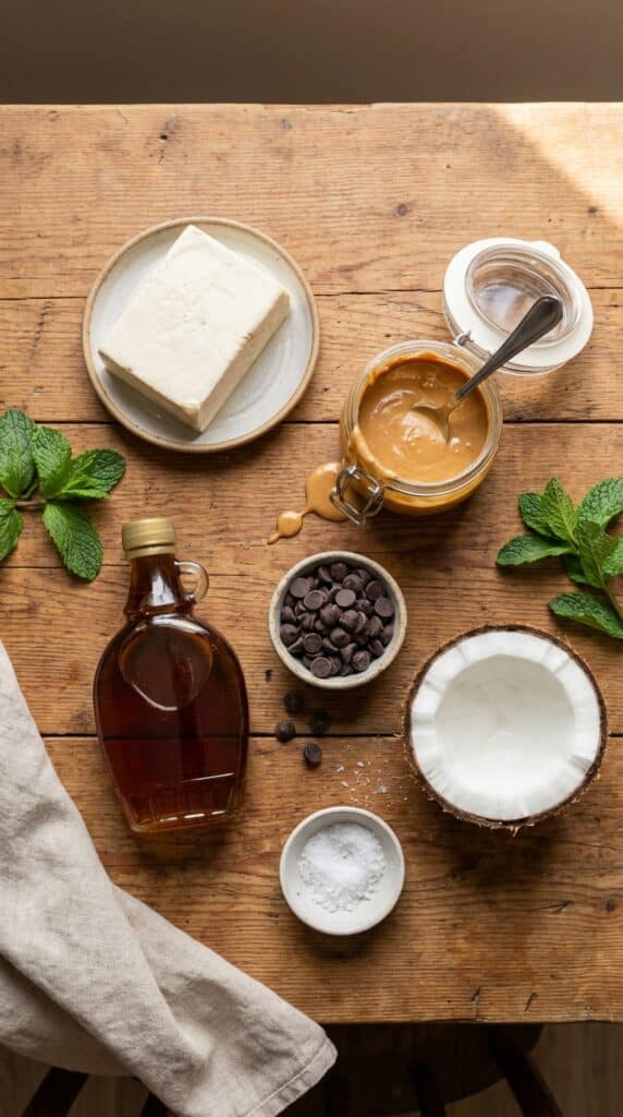 A flat lay showing silken tofu, creamy peanut butter, maple syrup, chocolate chips, and a coconut half on a wooden table.