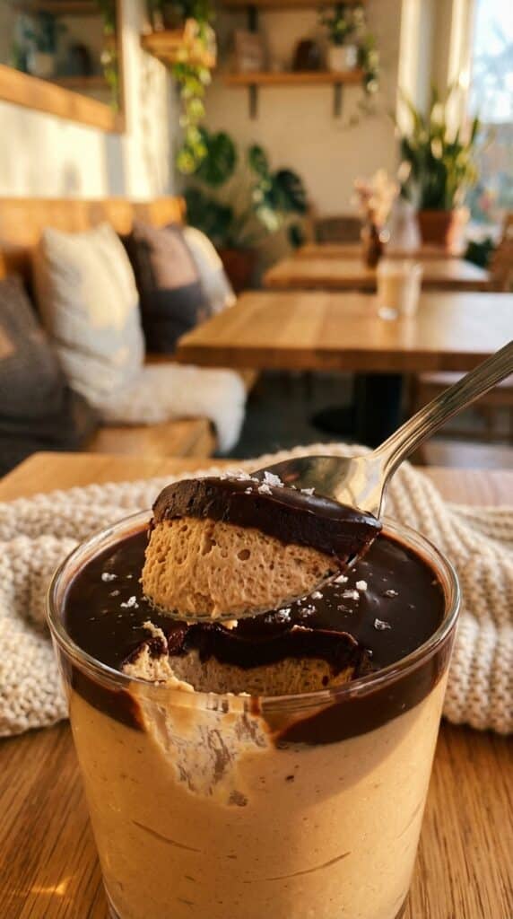 A close-up of a spoon scooping through chocolate ganache into fluffy peanut butter mousse in a glass.